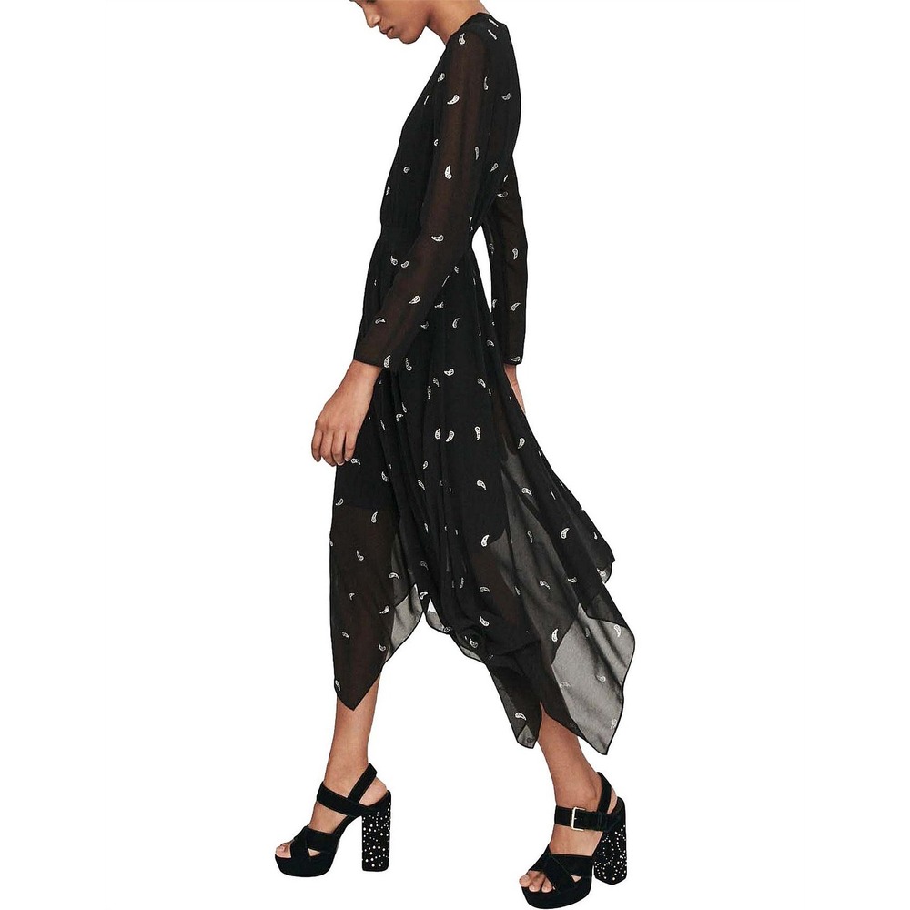 Maje Rabilo Paisley Studded Chiffon Dress Small Black Asymmetric Hem Embellished